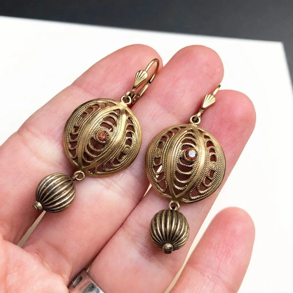 Gold filigree earrings dangle, fancy golden circle earrings
